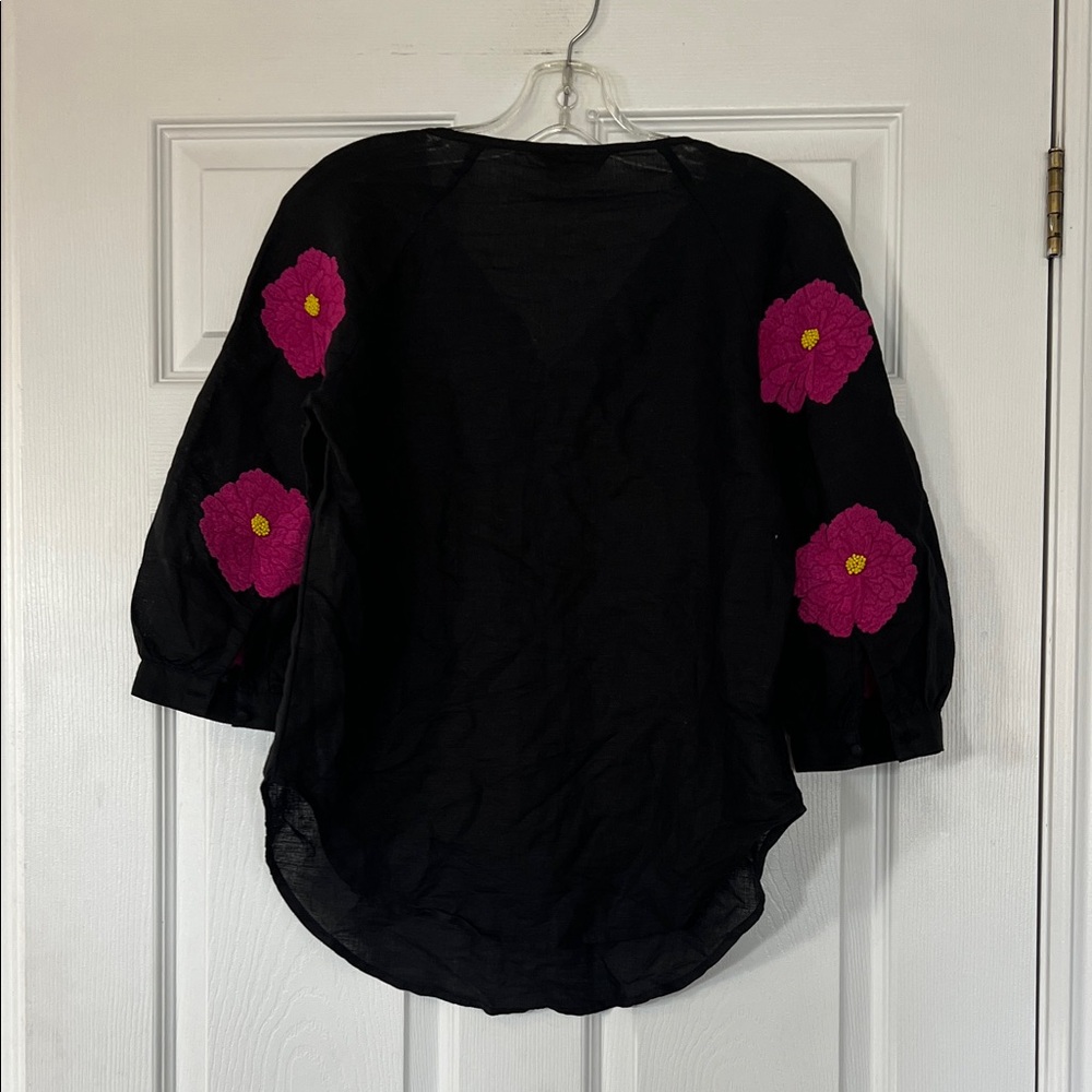 Elegant Black Blouse with Vibrant Pink Floral Design - Picture 6 of 8